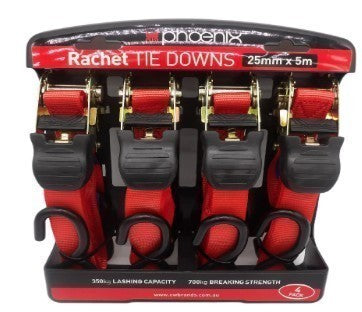 RATCHET 25MM X 5MTR LASHING 350KG 4PK